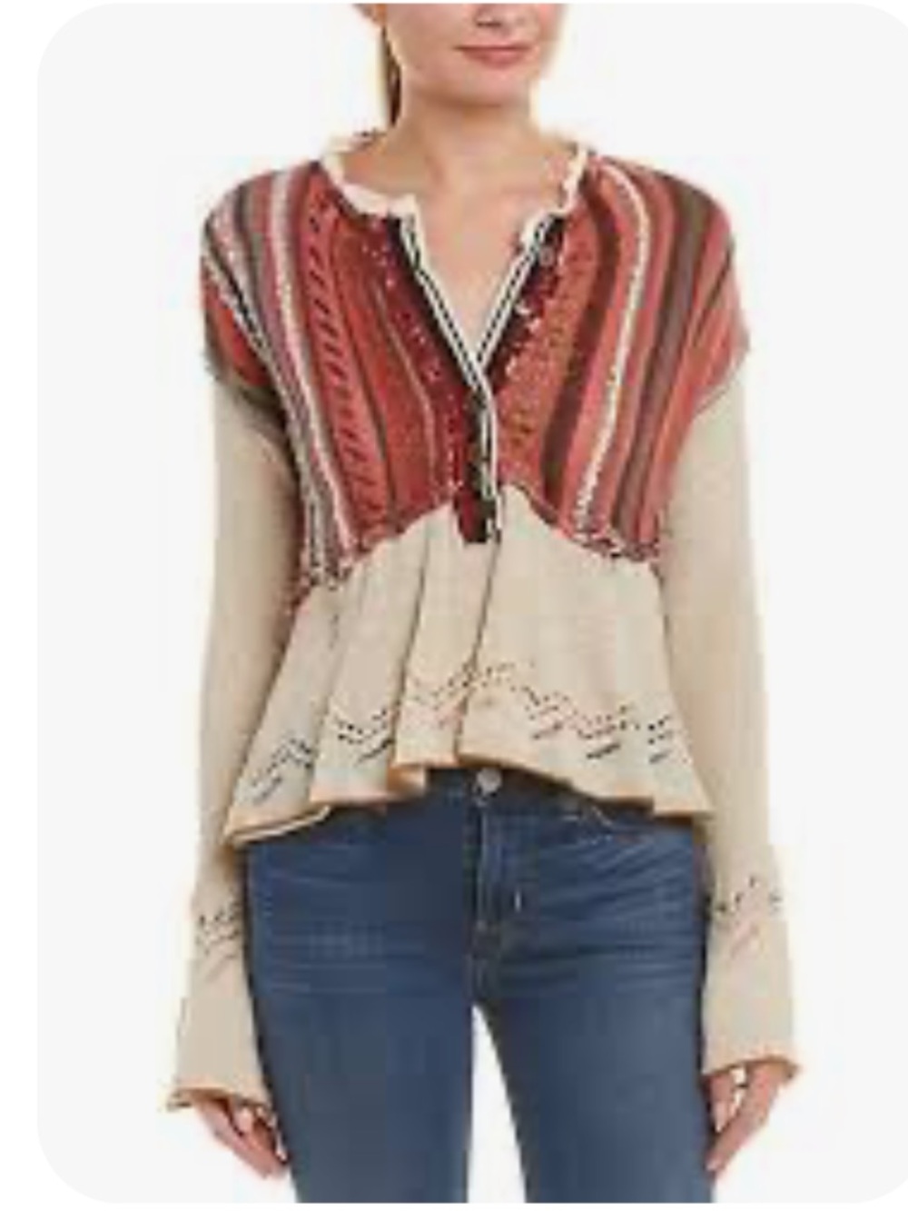 Free People Layered-Look Striped Button Cardigan - Cream & Orange size Medium